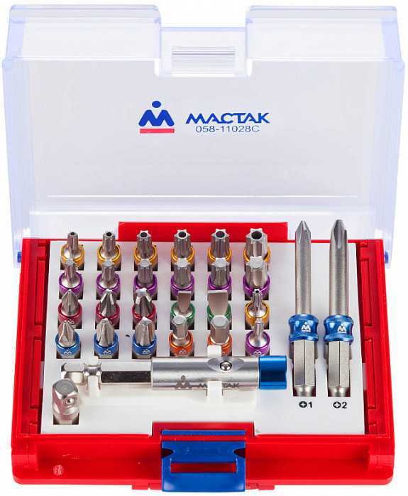 Набор вставок (бит) 1/4", TORX, HEX, PZ, PH, SLOT, 28 предметов МАСТАК 058-11028C Наборы торцевых насадок и вставок (бит) фото, изображение