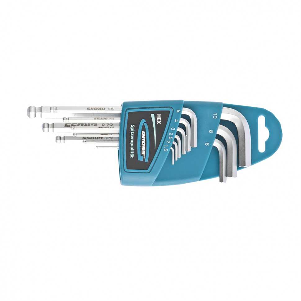Набор ключей имбусовых HEX, 1.5-10 мм, S2, 9 шт, удлиненные с шаром, сатинированные Gross Ключи имбусовые фото, изображение
